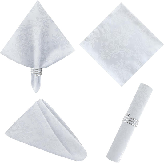 White Jacquard Square Napkin, Damask Wrinkle Resistant Soft Polyester Napkins, Fabric Cloth Dinner Napkins for Daily, Wedding, Birthday, Anniversary, Holiday, Parties, Set of 4 (White, 20X20" Napkin)