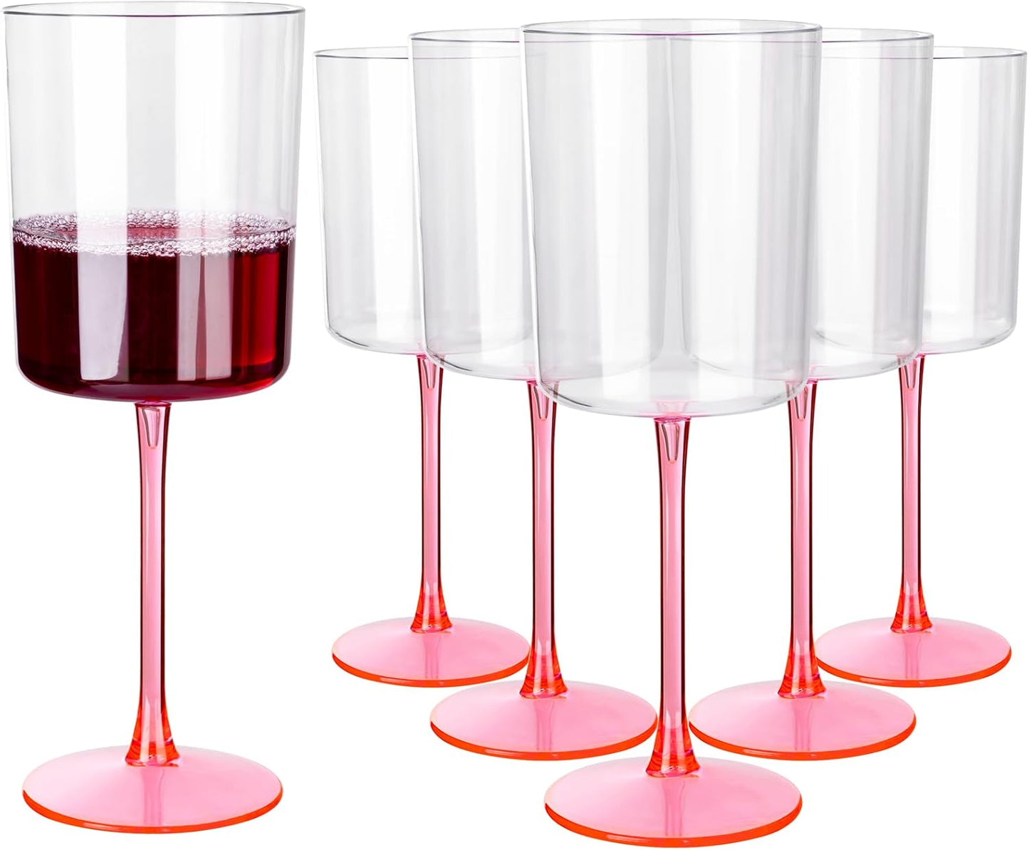 Ciaell 12 Pack 10 Oz Clear Plastic Wine Glasses with Pink Stem - Disposable Cocktail Goblets Perfect for Parties & Weddings & Poolside & Outdoors & Camping & Party