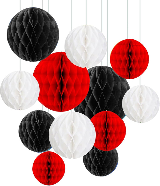 ZOOYOO 12Pcs 6" 10" Honeycomb Balls Decorations Hanging Tissue Paper Pom Poms for Birthday Party Graduations Wedding Vampire Casino Decorations(Red Black White)