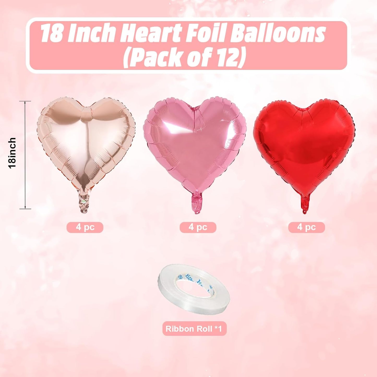 Rose Gold and Pink Heart Balloons, 18 Inch Red Pink Heart Shape Balloon, 12PCS Red Rose Gold Helium Foil Love Heart Balloon for Girls Birthday Engagement Wedding Valentine Party Decorations