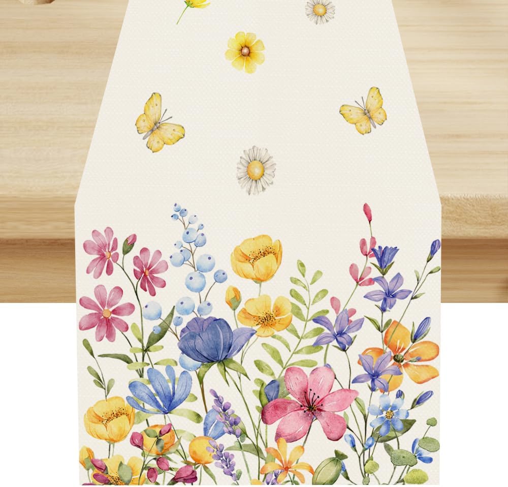 Flower Table Runner, Colorful Watercolor Pink Flower Plants Nature Butterfly Table Runner for Kitchen Dinner Living Room Home Party, 13x90 Inch