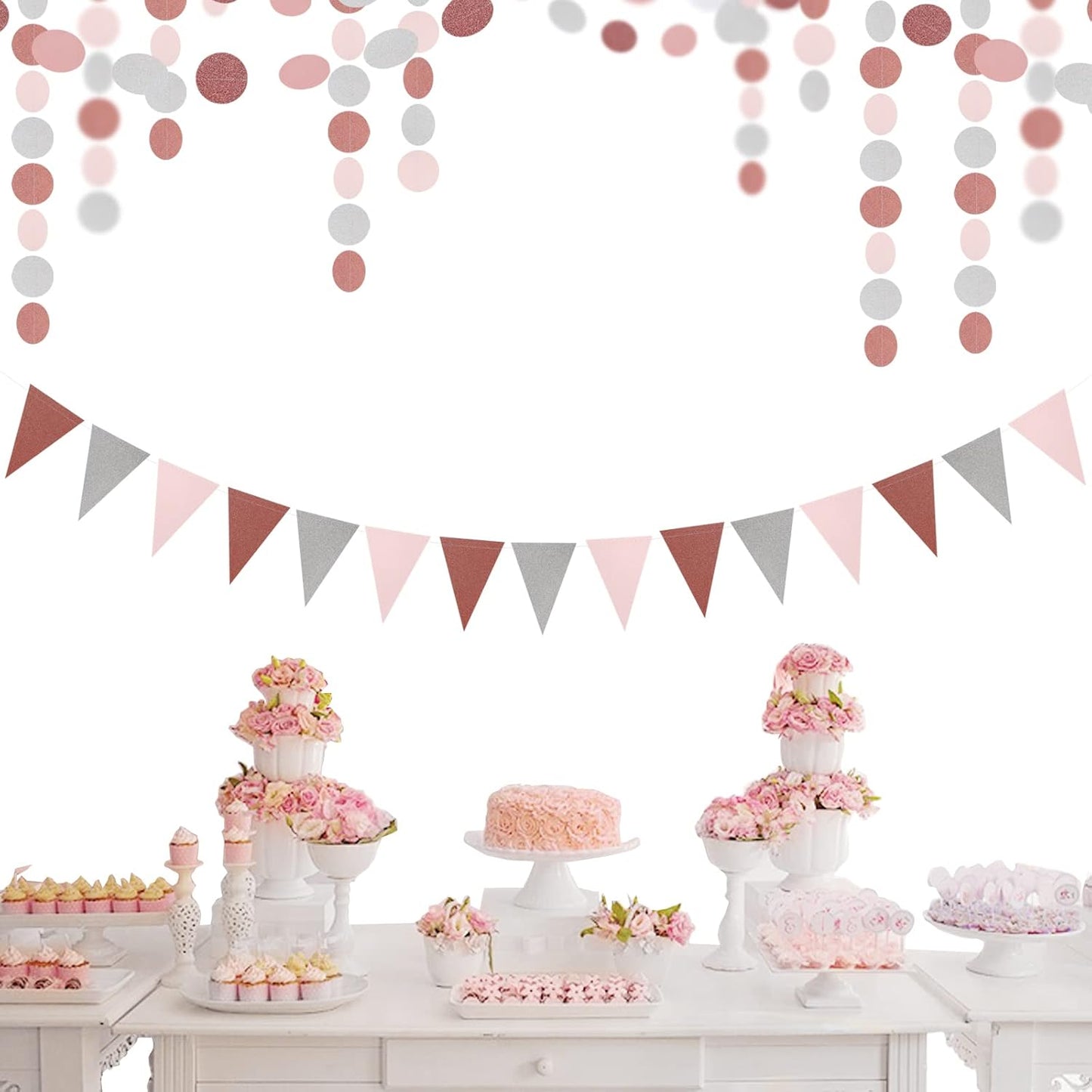 Rose-Gold Pink Silver Party Decorations - 52Ft Paper Streamer Women Girls Happy Birthday Decoration Baby Bridal Shower Garland Bachelorette Banner Engagement Brunch Mothers Day Decor