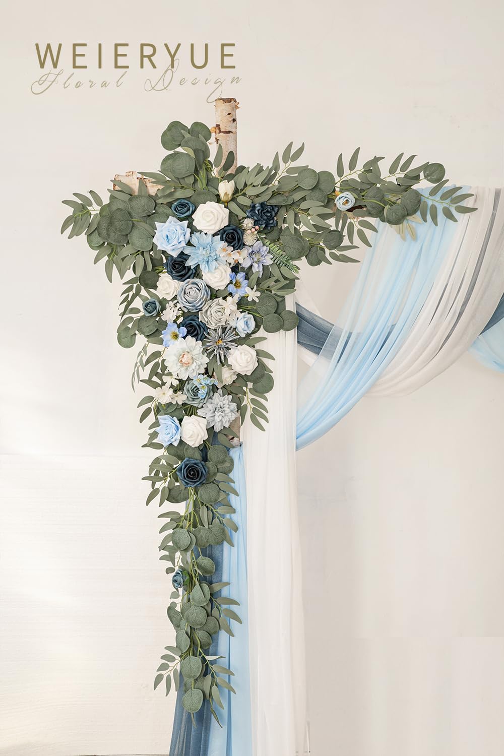 Deluxe Blue Artificial Wedding Arch Flowers with Drapes Kit-Pack of 5, 2pcs Flower Arrangements 3pcs Hanging Sheer Drapes Blue Ceremony Arbor Reception Backdrop Rose Floral Decorations.