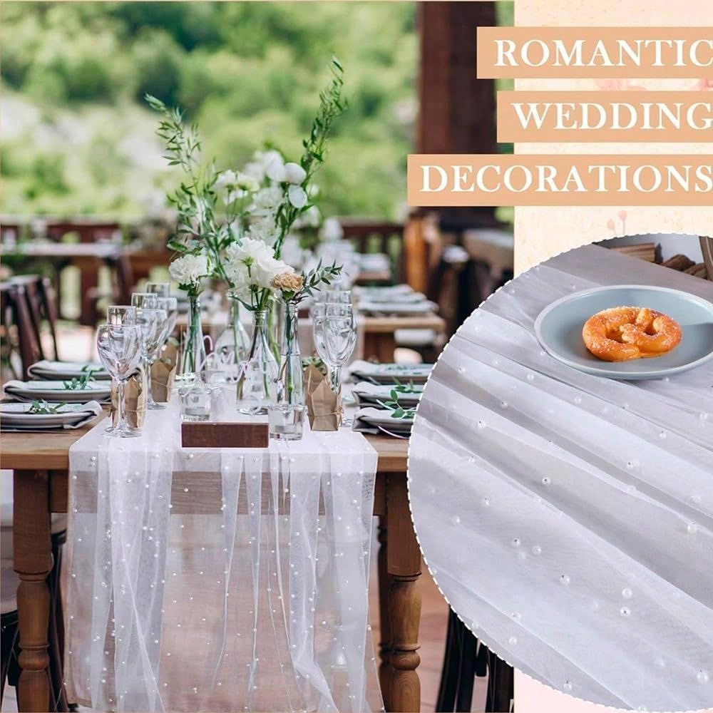 EHLDekol Pearl Table Cloth Elegant Polyester Table Runner with Artificial Pearl Accents Extra Long 10 ft 60 x 120 Inches Pearl Tulle Table Runner for Wedding (60inch Width, White, 1 Piece)