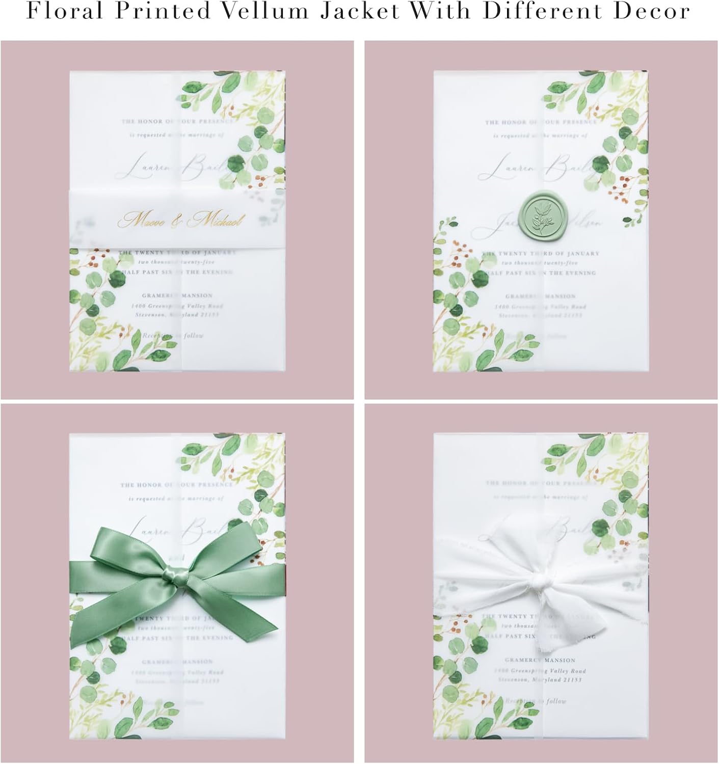 PONATIA 50 PCS Vellum Jackets for 5x7 Invitation Cards- 135GSM Green Eucalyptus Vellum Sleeves, Wedding Invitations Wraps Transparent Christmas Gift Cards Jackets