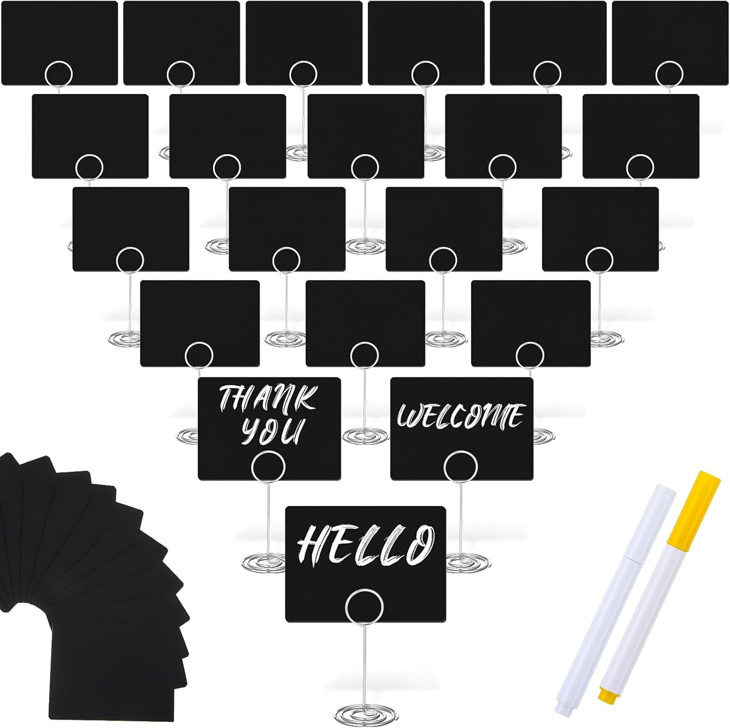 TecUnite 24 Pack Mini Chalkboard Signs, 4"x3" Small Table Place Cards with Metal Stand and 2 Marker Pens Food Labels for Party Buffet, Tabletop Blackboard Signs Name Tags for Wedding Bakery(Sliver)