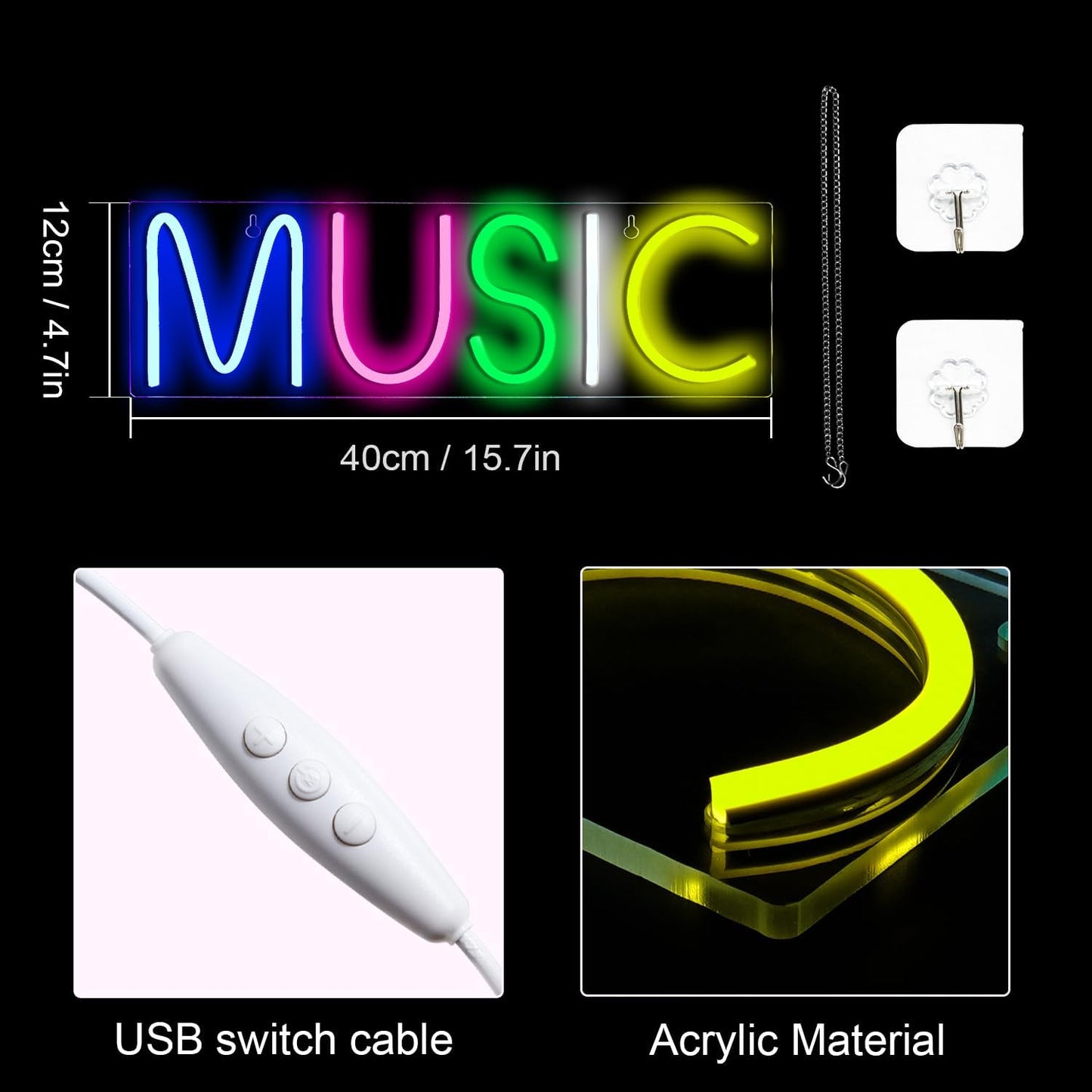 Lucunstar Music Neon Light,Neon Sign for Wall Decor Colorful Letters Neon Lights Sign Music Word LED Neon for Bedroom Game Room Club Bar Party Decoration,Game Room Decor,Room Decor