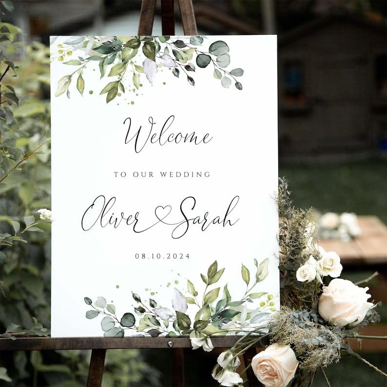 Wedding Sign, Wedding Welcome Sign, Greenery Wedding Welcome sign, Wedding Eucalyptus Sign, Wedding Sign Template, Welcome to our Wedding Sign with Stand