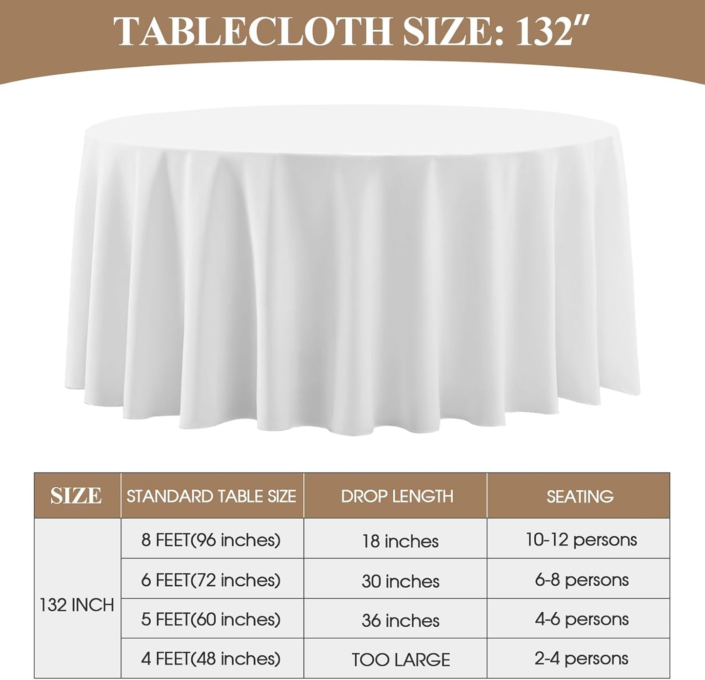 Round Tablecloth 132 Inch 8 Pack White Tablecloths Washable Decorative Linen Polyester Table Clothes Cover for Dining Table Banquets Buffet Parties and Wedding