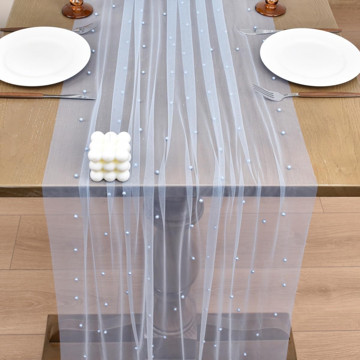 Joanlody Fall Pearl Table Runner 10ft Rustic Boho Tulle Table Runner with Pearls for Baby Shower Wedding Party Veil Dessert Thanksgiving Table Decor Blue 4pcs