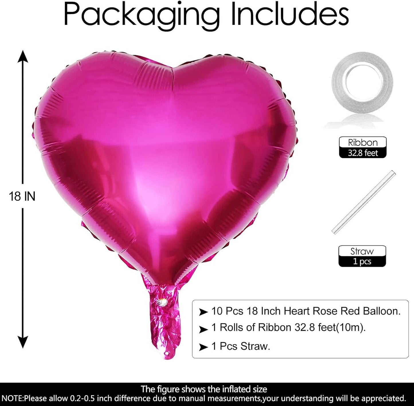 10Pcs Hot Pink Foil Heart Shaped Balloons 18 Inch for Baby Shower, Wedding, Valentine Decorations - Love Party Decorations