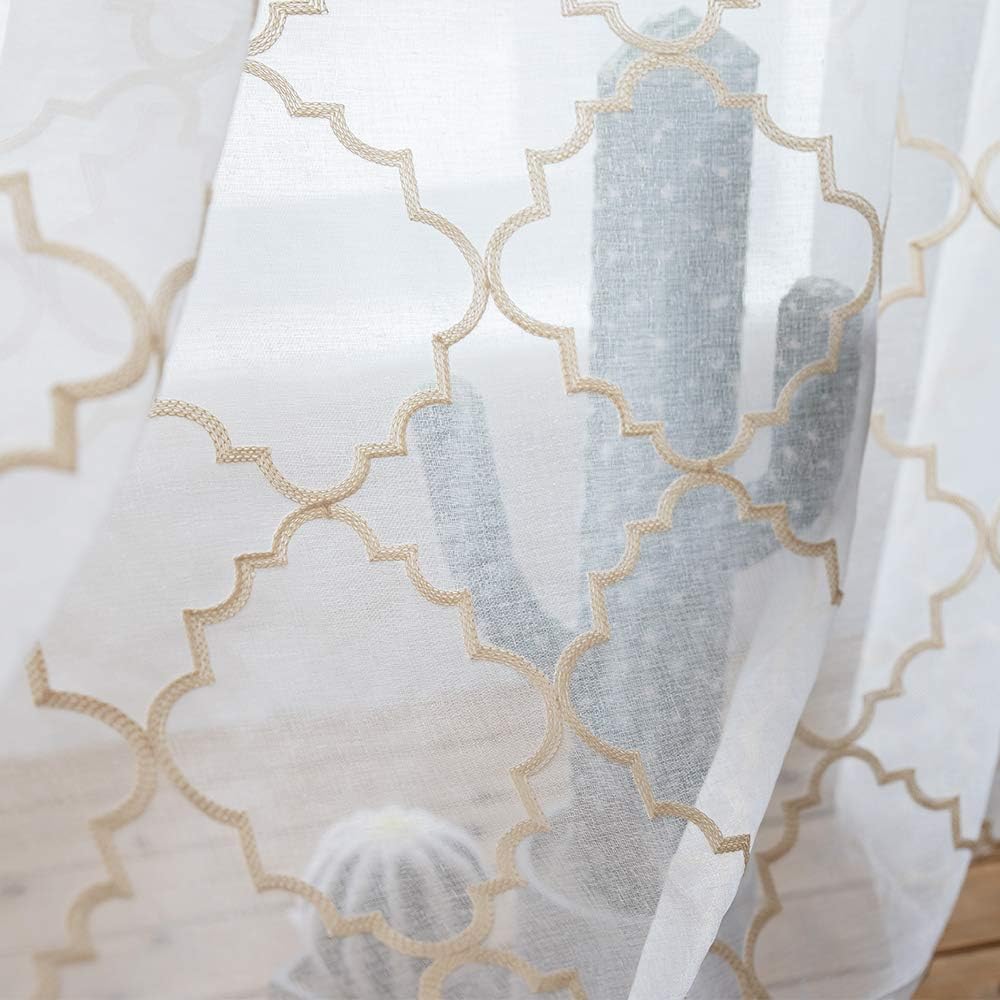 Embroidery Sheer Curtains Gold 45 Inch Length, Rod Pocket Voile Drapes for Living room, Bedroom, Embroidered Moroccan Tile Lattice Design Window Semi Curtains for Patio, Yard, 2 Panels, 52"x 45".