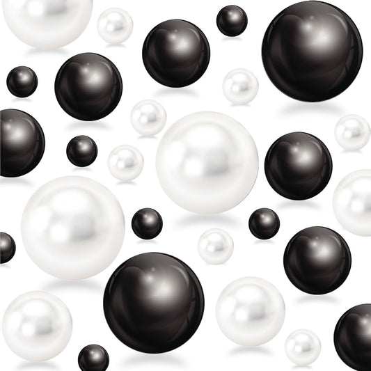 150Pcs Black&White Polished No Hole Faux Pearl Beads for Vase Filling Decorations, Plastic Pearls Vase Fillers, Table Scatters, Wedding Centerpiece, Home Decor, 8/14/20 mm