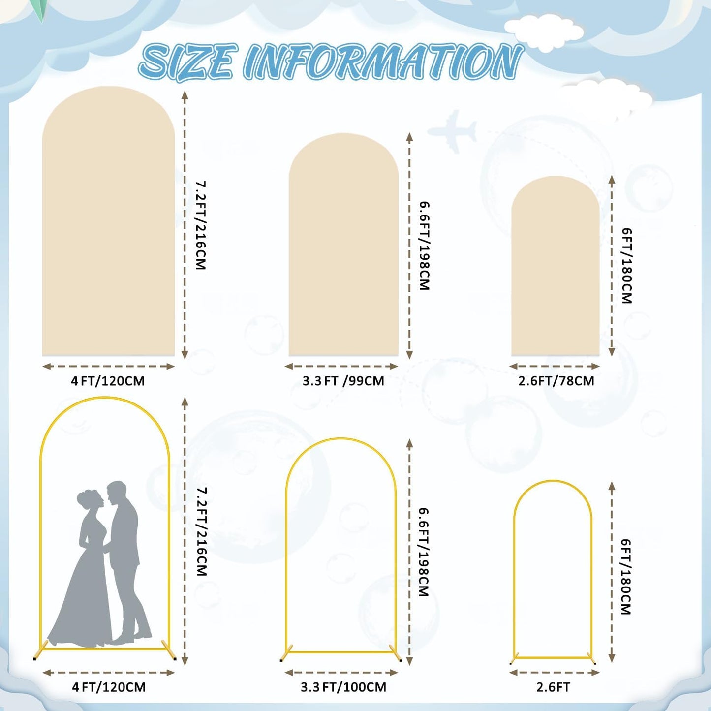 FOTSHARER Wedding Arch Stand and Cover Set of 3 Gold Arch Backdrop Stand with Beige Arch Covers 7.2FT 6.6FT 6FT Background Arch Stand for Garden Arbor Wedding Backdrop Stand Party Anniversary Decor