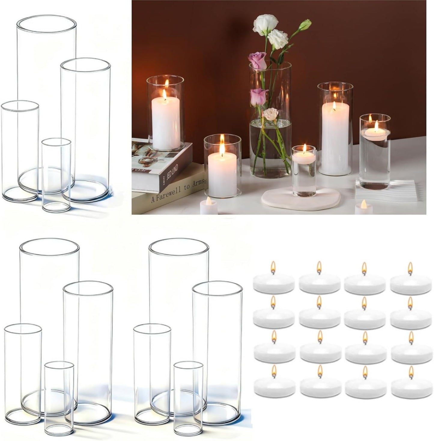 UDU Set of 12 Cylinder Glass Vases and 18 Pcs Floating Candles for Centerpiece, 4,6,8,10 Inch Tall Clear Hurricane Candle Holder Glass Vases for Centerpiece Table Wedding Home Decor