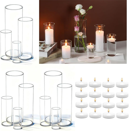 UDU Set of 12 Cylinder Glass Vases and 18 Pcs Floating Candles for Centerpiece, 4,6,8,10 Inch Tall Clear Hurricane Candle Holder Glass Vases for Centerpiece Table Wedding Home Decor
