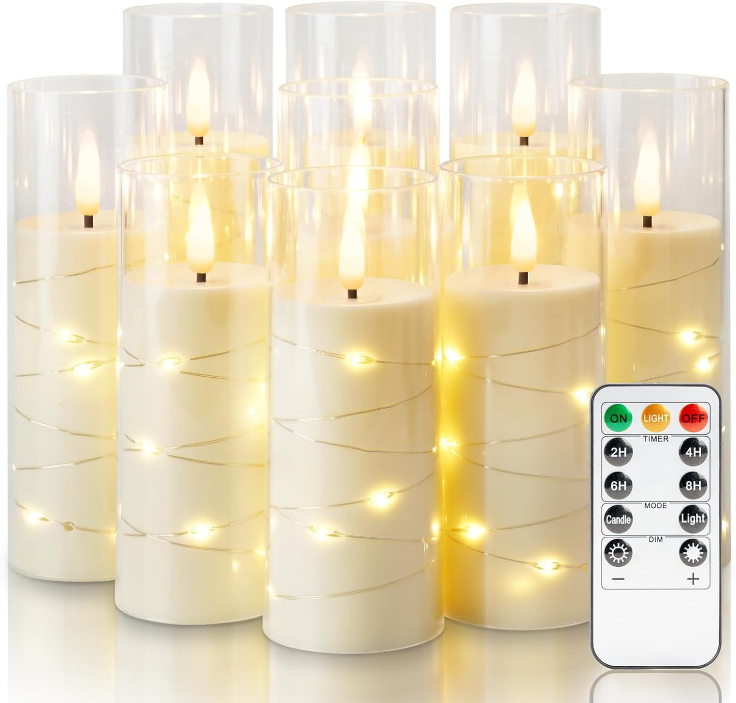 Homemory Flameless Candles with Embedded Star String Fairy Lights, Battery Operated Candles with Remote Control and Timer, Acrylic Flickering LED Candle for Fall Decor, Ivory, Set of 9, D2.2”xH5”6”7”