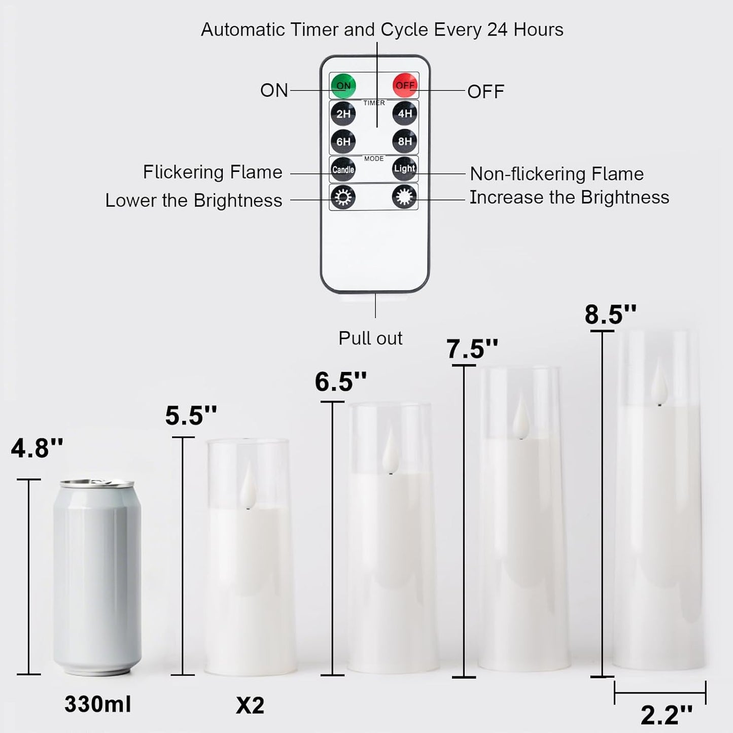 Amagic Pure White Acrylic Flameless Candles, Battery Operated Candles, Flickering LED Pillar Candles with Remote Control and Timer, Warm Yellow Light, D2.2 xH5 5" 6" 7" 8", Set of 5