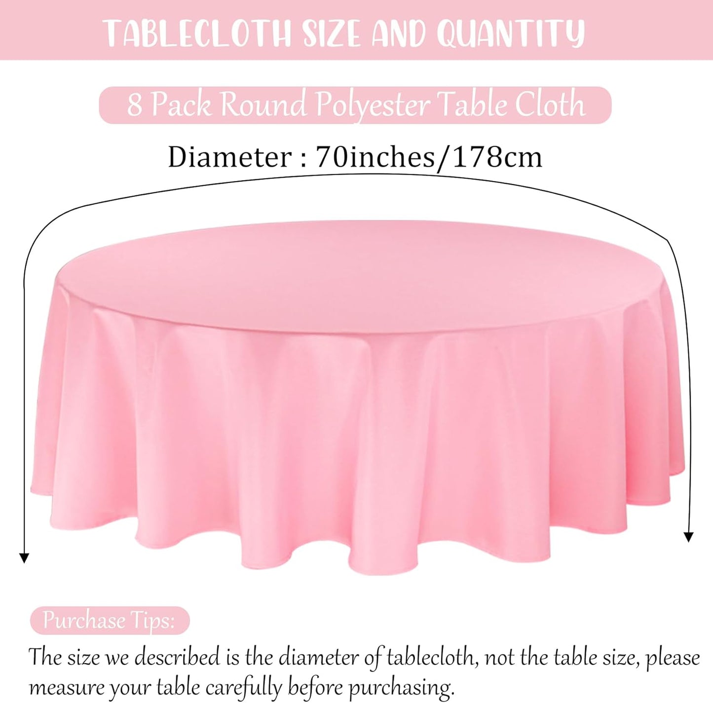 8 Pack Round Tablecloth 70 Inch Pink Round Table Covers Bulk Washable Polyester Fabric Table Clothes for Wedding Party Reception Banquet Buffet Restaurant (Pink, 70 Inch)