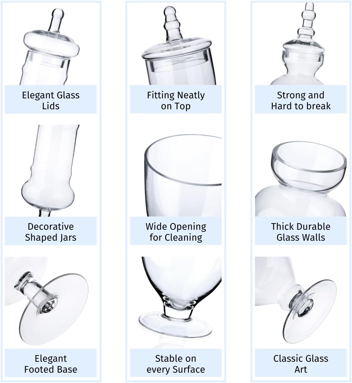 Set of 3 Apothecary Jar Glass Decorative Candy Jars Elegant Storage Candy Buffet Display, Wedding Candy Organizer Canisters (H: 9", 12.5", 14"; 20 FL.OZ, 23 FL.OZ and 28 FL.OZ)