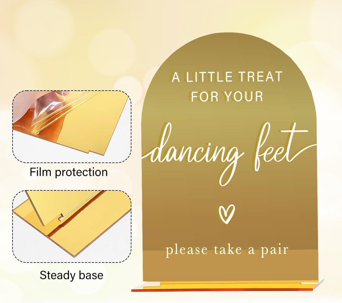 Acrylic Wedding Sign, Bridal Shower Decorations, A Little Treat for Your Dancing Feet Sign for Ceremony, Modern Font Table Signs, Gold Mirror Arched Acrylic Tabletop Signs for Wedding Reception