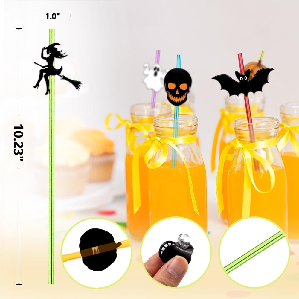 24 Pcs Halloween Party Favors - Reusable Plastic Crazy Straws with Bats, Pumpkin, Witch, Ghost Designs & 2 Cleaning Brushes - 6 Colors