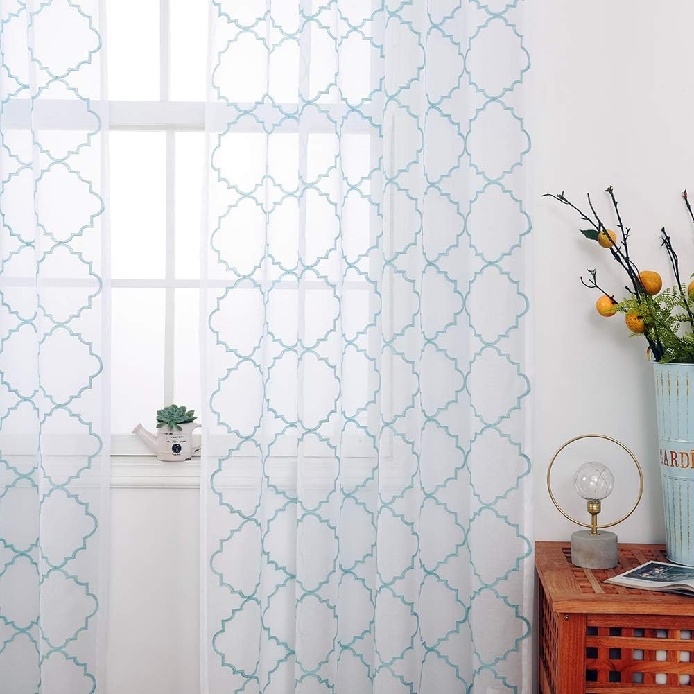 Blue Sheer Curtains 84 Inches Long, Moroccan Embroidered Rod Pocket Sheer Drapes for Living room, Bedroom, 2 Panels, 52"x 84", Semi Crinkle Voile Window Treatments for Yard, Patio, Villa, Set of 2.