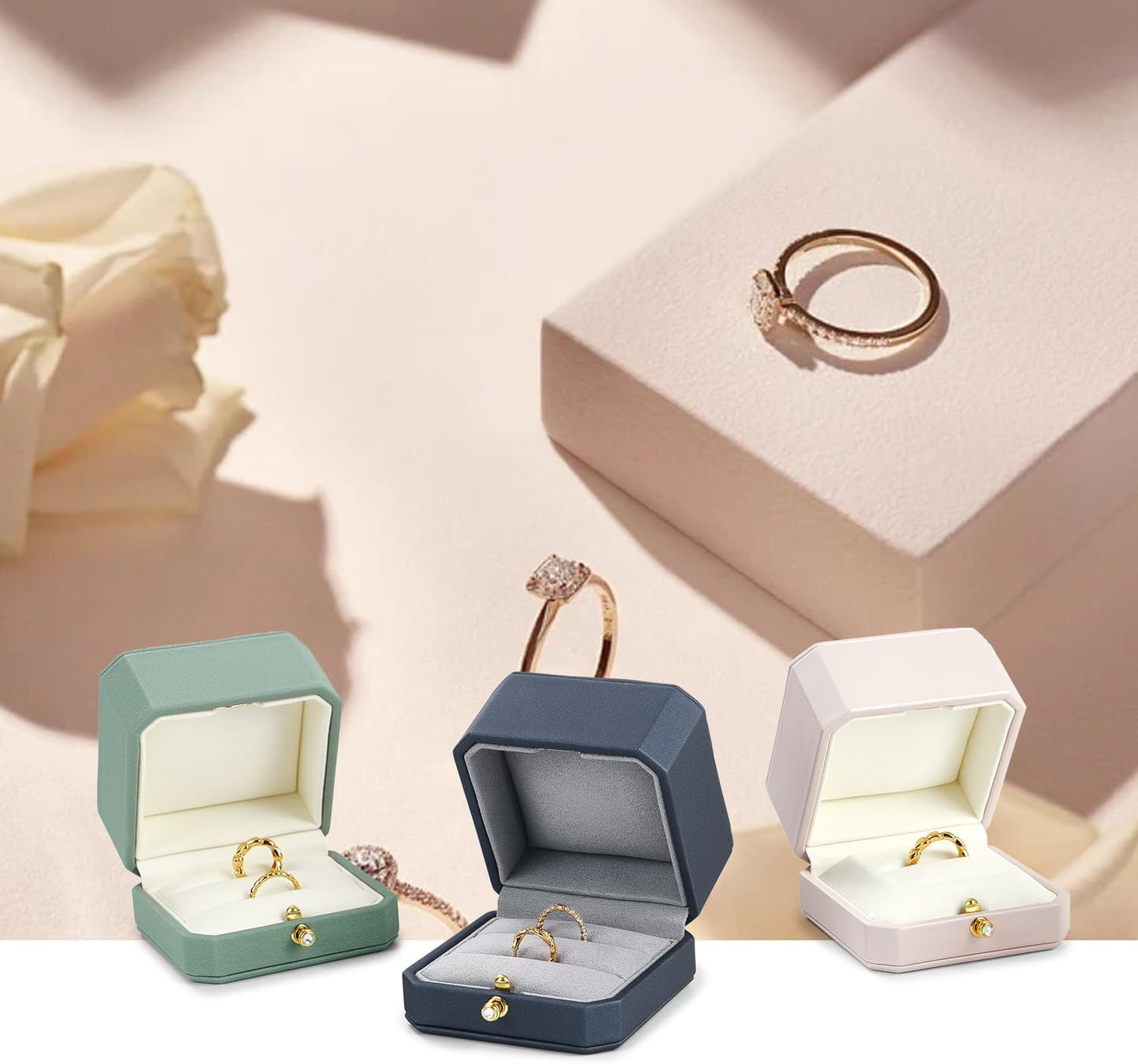 Oirlv Luxury Leather Ring Box for Jewelry Gift Octagon Women Ring Holder for Wedding Day, Proposal, Engagement, Anniversary(White,Single)