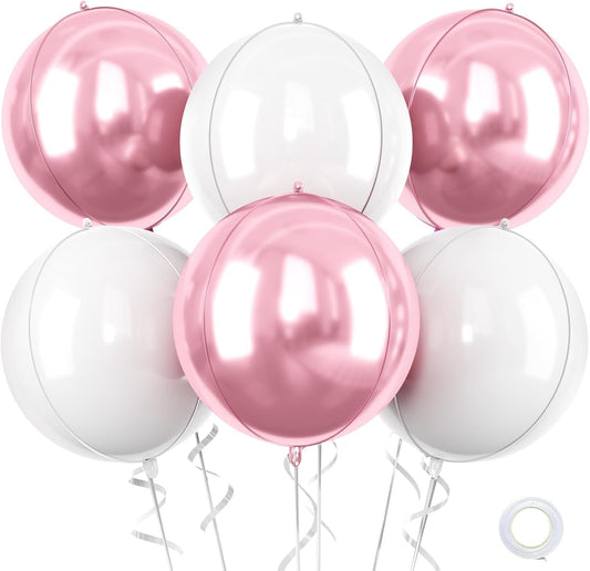 Pink White Giant 4D Foil Balloons, 6 Pcs Large Metallic Pink and White Round Balloons, 22 Inch Big Round Foil Balloon for Wedding Prom Birthday Party Baby Shower Decorations