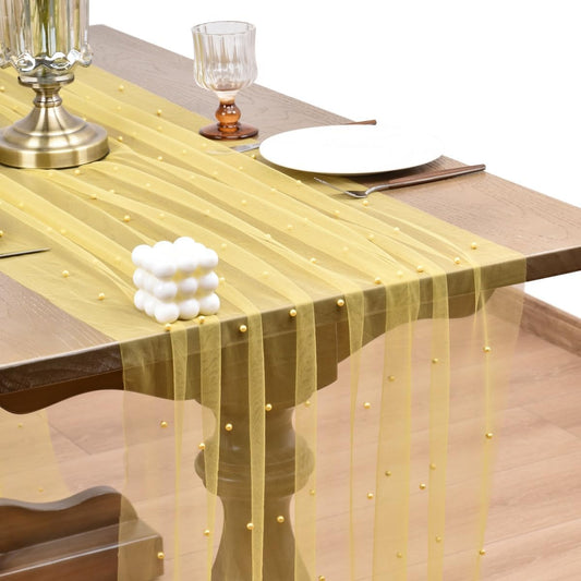 Joanlody Fall Pearl Table Runner 10ft Rustic Boho Tulle Table Runner with Pearls for Baby Shower Wedding Party Veil Dessert Thanksgiving Table Decor Yellow 4pcs