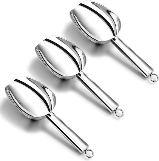 P&P CHEF Canister Scoop Set of 3, Ice Candy Scoop, Stainless Steel Multipurpose Food Scooper for Buffet Jar Freezer, Mirror Finish & Dishwasher Safe, Silver, 3+3+3 Oz