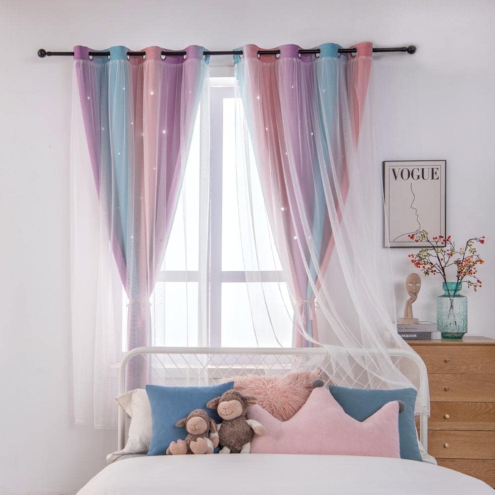 FANLI Ombre Rainbow Blackout Curtains for Kid Girls Bedroom Living Room Darking Stripe Double Layer Star Cut Out Wall Home Decor Gradient Grommet Window Curtains (Pink Purple, 52W x 63L)