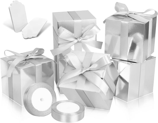 50 Pack Small Gift Boxes, 3x3x3 Favor Boxes Silver Paper Gift Boxes with Lids for Presents, Crafting, Cupcake Boxes, Gifts, Candy Boxes for Wedding Party Bridal Shower Baby Shower Favors