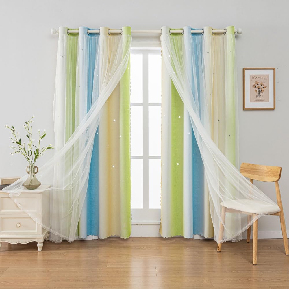 FANLI Ombre Rainbow Blackout Curtains for Kid Girls Bedroom Living Room Darking Stripe Double Layer Star Cut Out Wall Home Decor Gradient Grommet Window Curtains （Blue Green 52Wx95L）