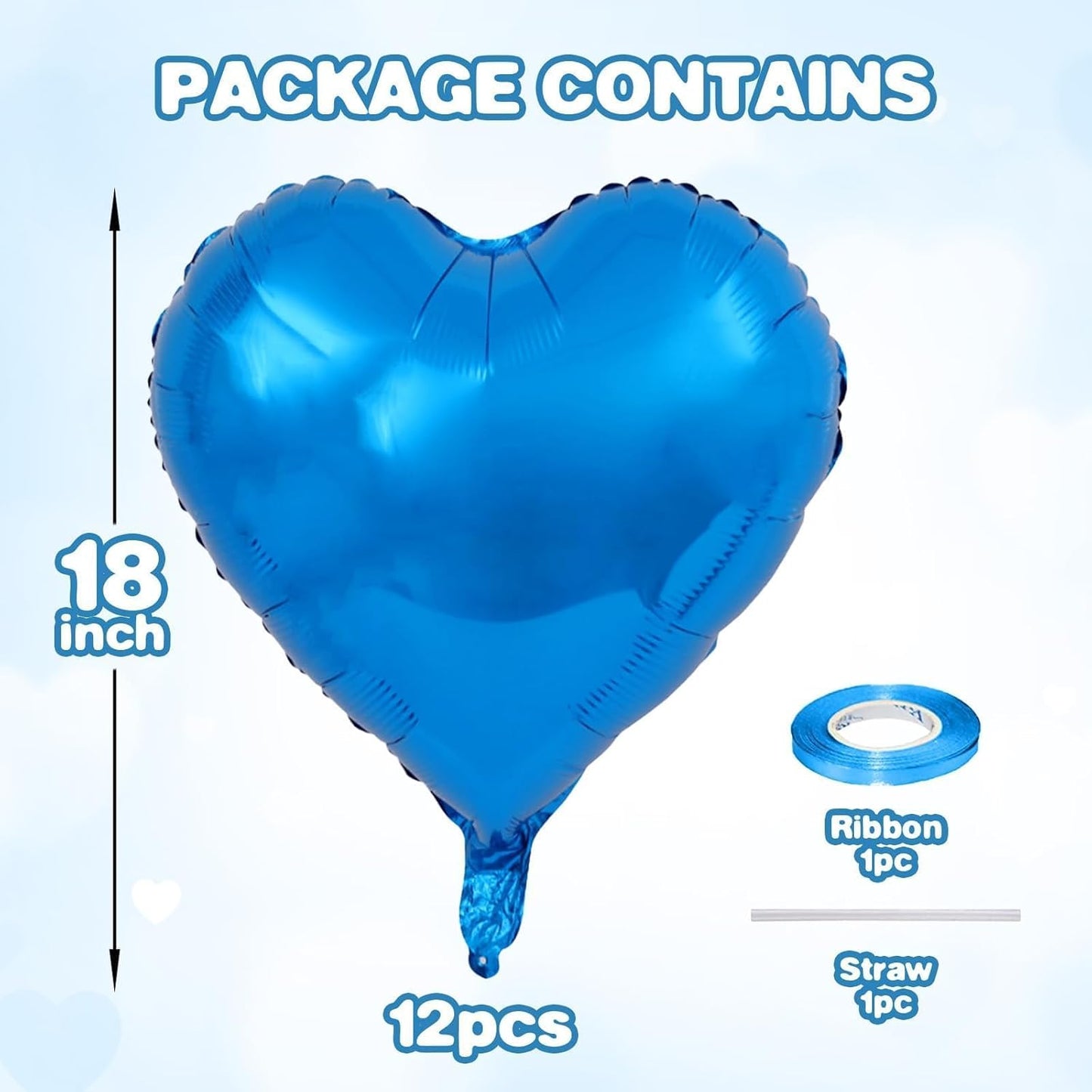 12 Pcs Heart Balloons, 18 inch Blue Heart Shaped Balloons, Big Foil Helium Balloon, Love Foil Balloon for Wedding Baby Shower Anniversary Backdrop Valentine Party Decorations