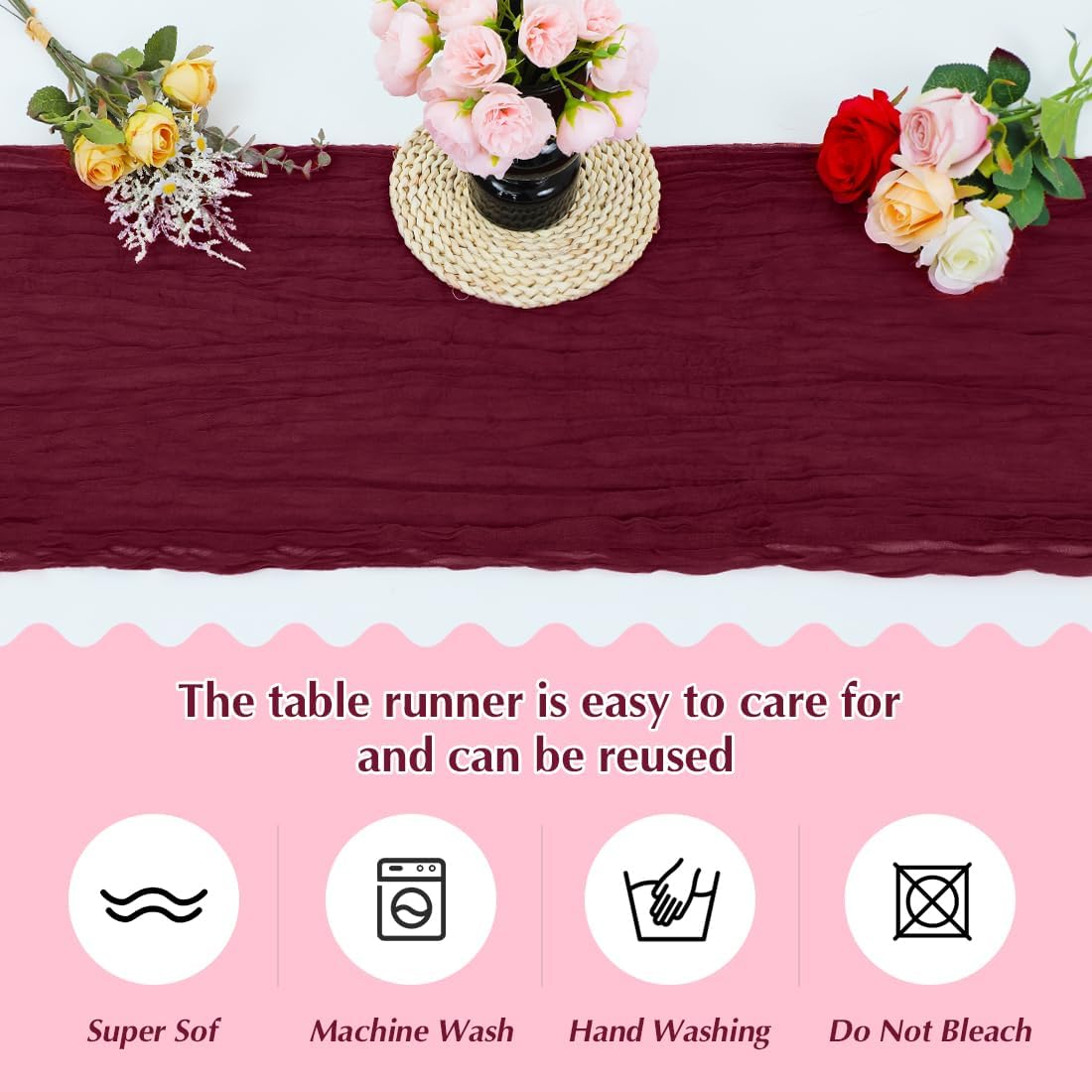 Wine red Cheesecloth Table Runner -21*120Inch Long Boho Wedding Table Decor, Rustic Gauze Fabric Runner for Bridal Showers, Baby Showers & Parties (Sheer, Lightweight, Wrinkled Design)