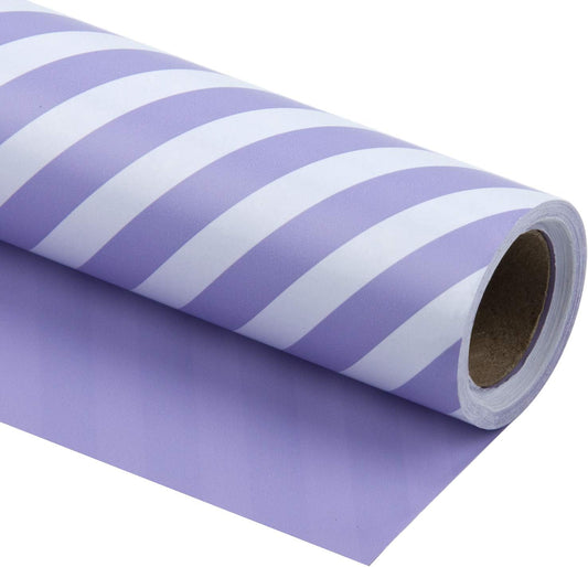WRAPAHOLIC Reversible Wrapping Paper - Mini Roll - 17 Inch x 33 Feet - Purple and Stripes Design for Birthday, Wedding, Baby Shower, Holiday
