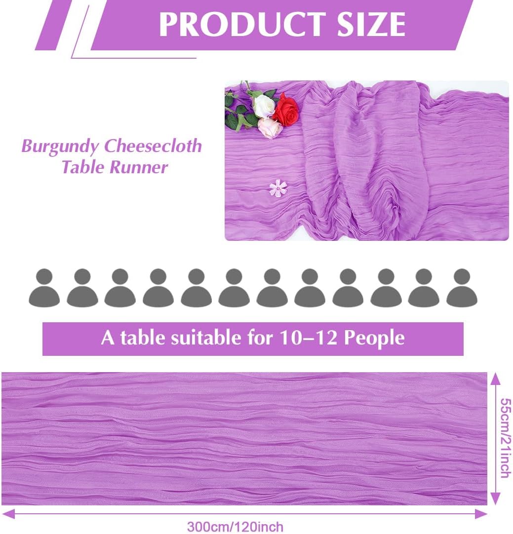 Light Purple Cheesecloth Table Runner -21*120Inch Long Boho Wedding Table Decor, Rustic Gauze Fabric Runner for Bridal Showers, Baby Showers & Parties (Sheer, Lightweight, Wrinkled Design)