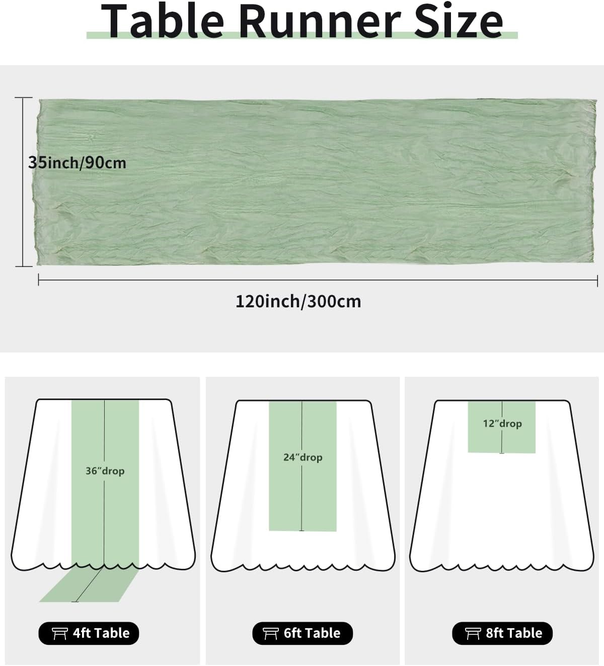 Sage Green Cheesecloth Table Runner 120 Inch, Boho Rustic Gauze 10 FT, Summer Cheese Cloth Runner for Wedding, Baby Bridal Shower, Party, Farmhouse Centerpiece Home Decorations