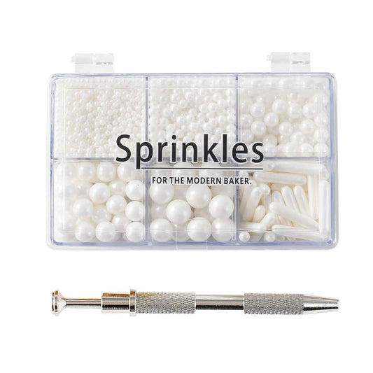 Kasvan White Mix Sugar Sprinkles - Edible Candy Pearls with 4-Claw Sprinkle Pen,118g/4.16 Oz, Gift Box Pack, Baking Cake Decorations, Ice Cream Toppings and Cookie Decorating, Wedding Party Chirstmas Supplies