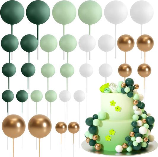 ASTARON 32 Pcs Ball Cake Topper Decorations Mini Balloons Cake Topper Sticks Foam Balls Cake Picks Cake Topper Balls Cake Decorations for Wedding Party Birthday Cake Decorating (Green Gold)