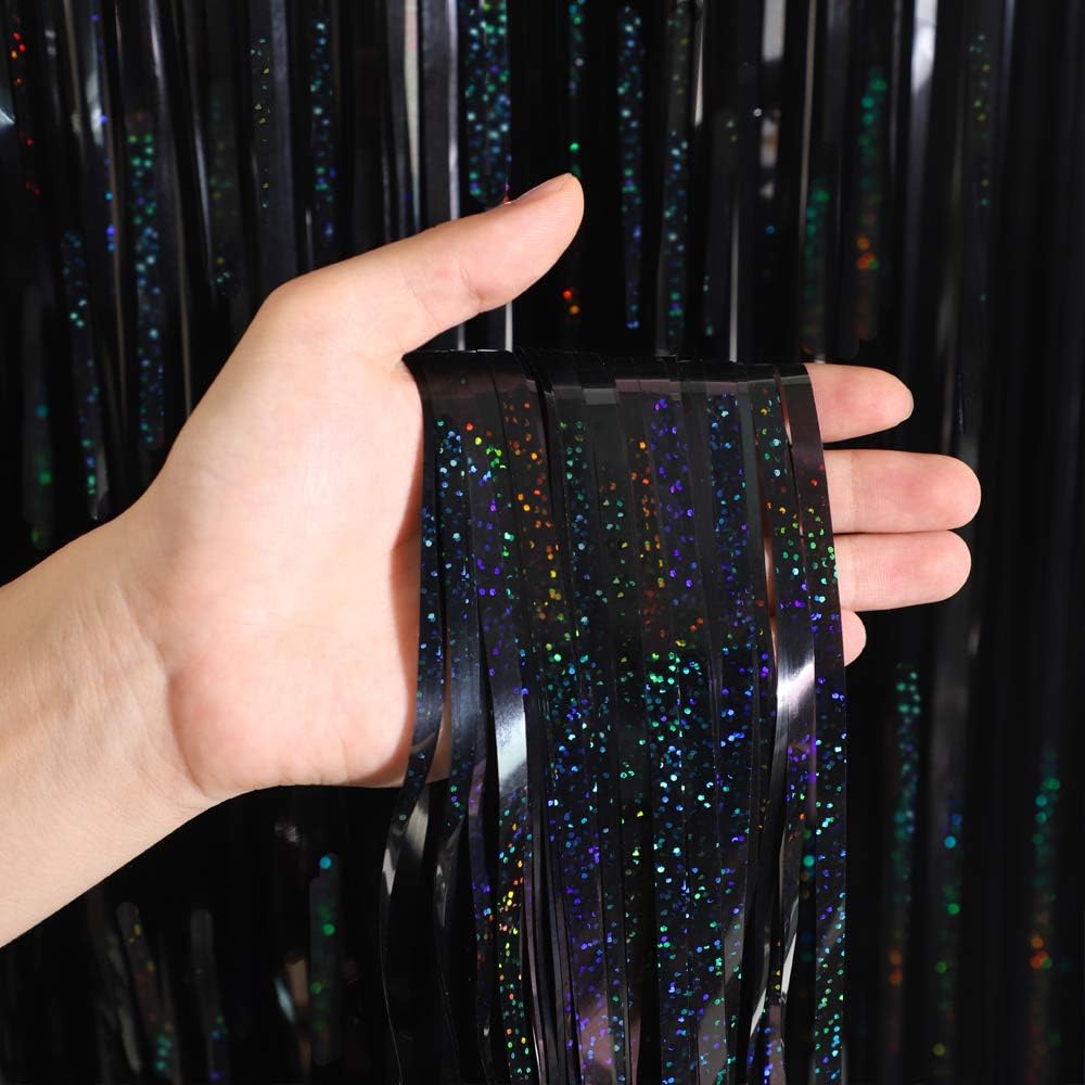 Foil Fringe Curtains Halloween Decor Indoor Party Decorations - Melsan 3 Pack 3.2 x 8.2 ft Black Tinsel Curtain Photo Backdrop for Birthday Decorations Retirement Party Decorations Black