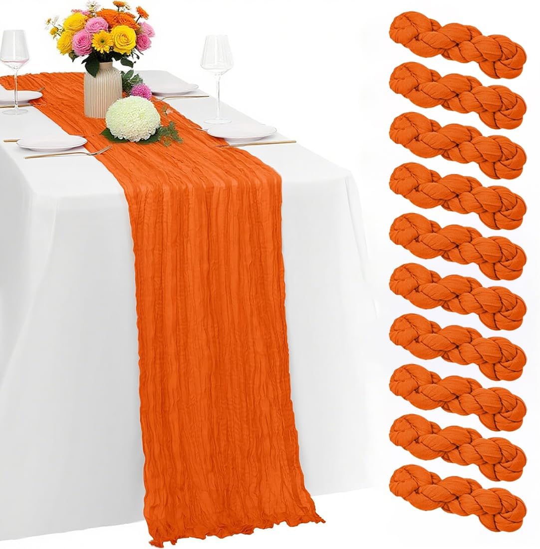 10 Pack Orange Cheesecloth Table Runner -21*120Inch Long Boho Wedding Table Decor, Rustic Gauze Fabric Runner for Bridal Showers, Baby Showers & Parties (Sheer, Lightweight, Wrinkled Design)