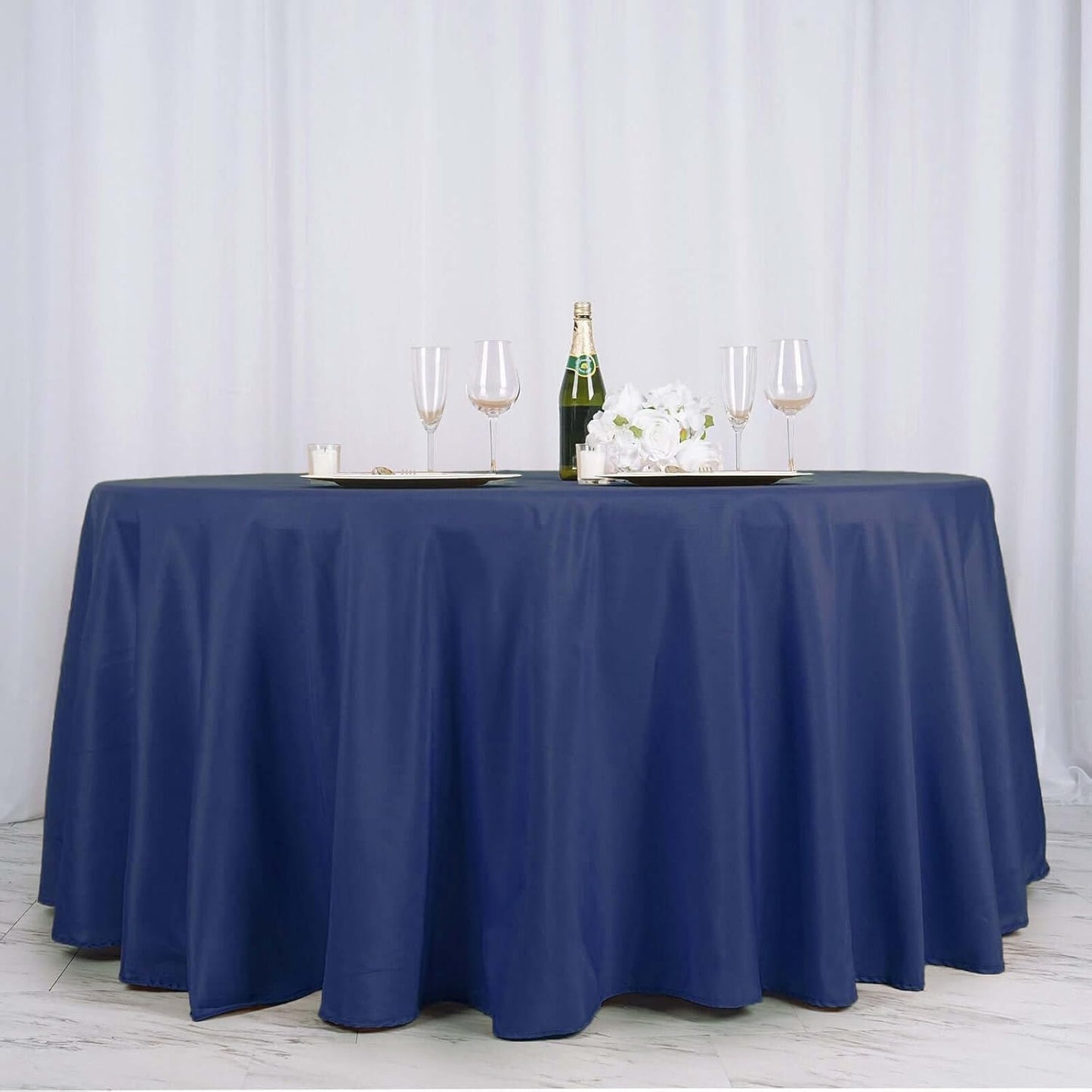 Efavormart Round Tablecloth, 132 Inch Stain & Wrinkle Resistant Washable Table Cloth, Decorative Polyester Fabric Table Cover for Banquet, Wedding, Dining- Navy Blue