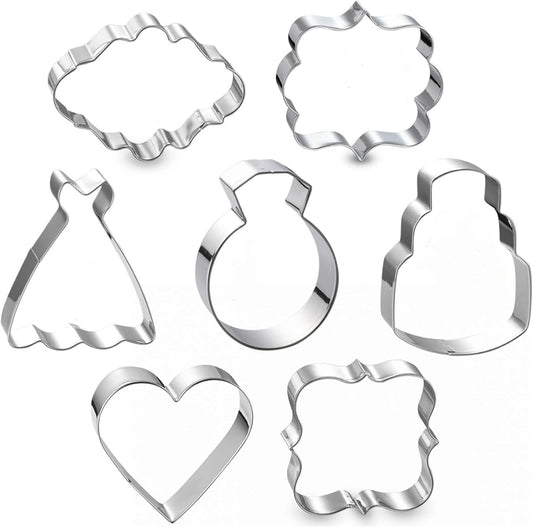 Wedding Cookie Cutter Set-7 Piece-3 Inches-Heart, Diamond Ring, Wedding Cake,Wedding Dress, Rectangle, Square and Oval Plaque Cookie Cutters Molds for Bridal Shower Engagement