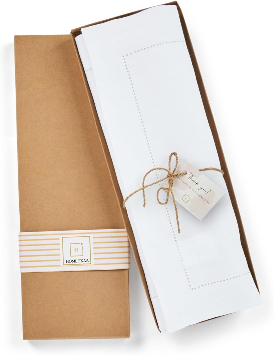 100% Pure Linen White Placemats 14 x 19 Inch - Hemstitch Christmas Placemats Set of 4 - Cloth Fabric Placemats for Thanksgiving, Winter, New Year - Elara