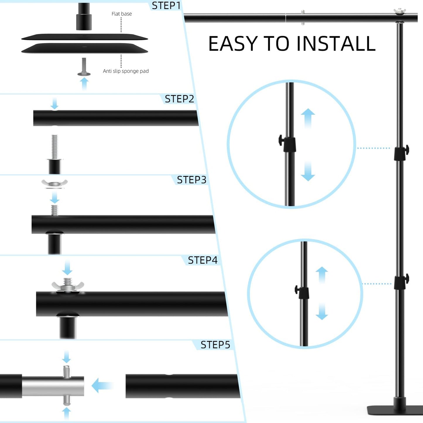 Pipe and Drape Backdrop Stand Kit, 6.5ft x 10ft Adjustable Photo Background Stands with Metal Flat Base for Photography, Birthday Parties, Wedding, Video Studio