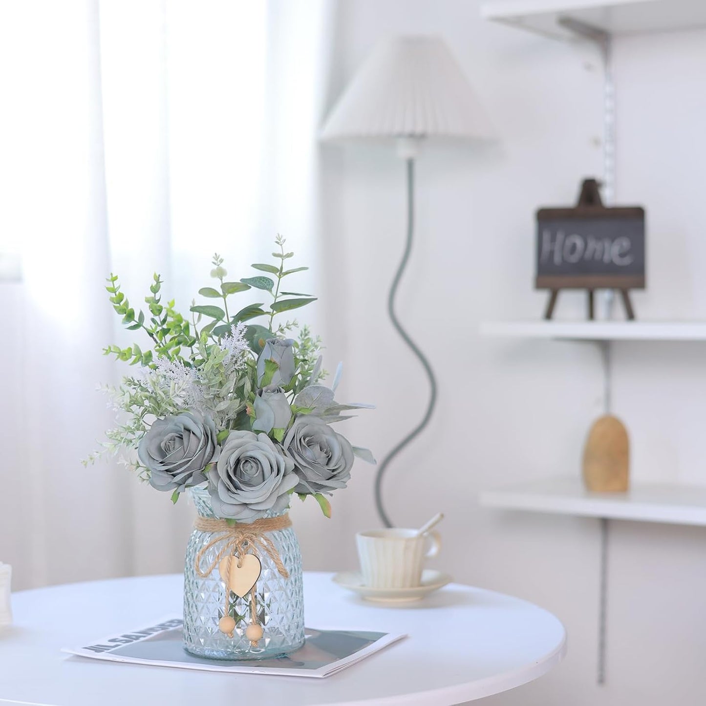Faux Flowers with Vase,Artificial Silk Roses in Vase, Fake Plant Eucalyptus Flower Arrangement for Home Office Farmhouse Bathroom Dining Table Centerpiece Decorations Coffee Table Decor (Grey Blue)