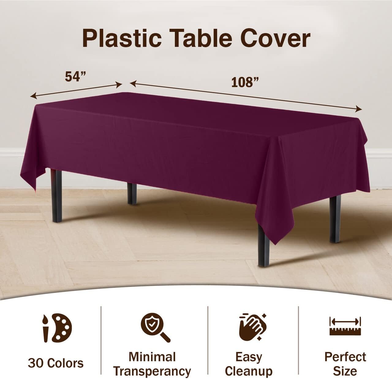 Exquisite 12-Pack Premium Plastic Tablecloth 54in. x 108in. Rectangle Table Cover - Plum