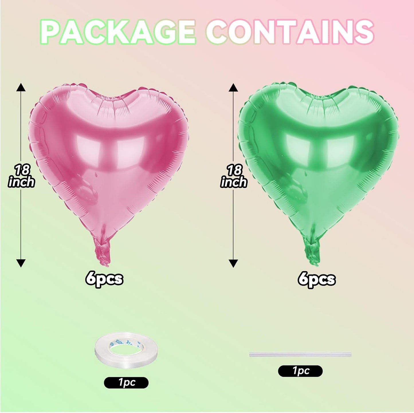 12 Pcs Heart Balloons, 18 inch Pink Green Heart Shaped Balloon, Big Helium Foil Pink Green Balloons for Wedding Baby Shower Anniversary Backdrop Valentine Witch Theme Party Decorations